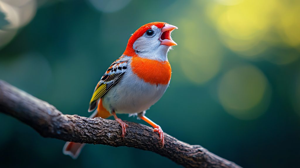 Photo of a zebra finch singing in a cage, perched on branch in natural light