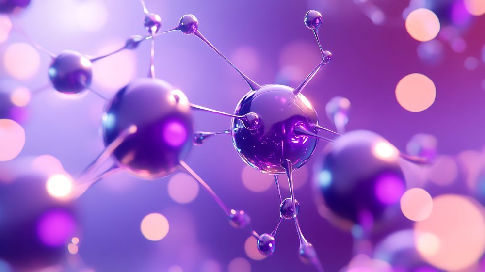 Abstract 3D illustration of a molecule with a purple and pink background.